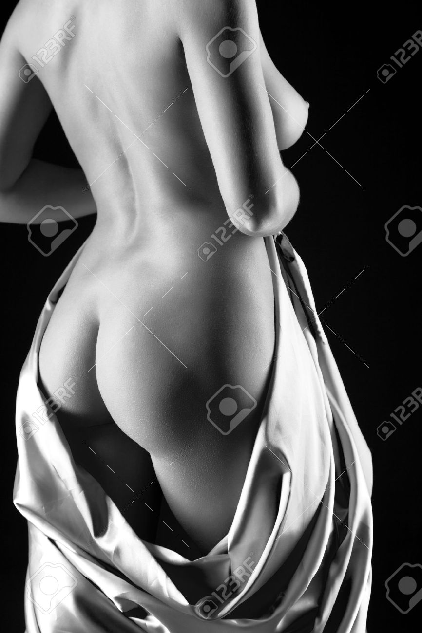 Young Naked Slim Women With Cloth On Black Background. Black-and-white Image Stock Photo, Picture And Royalty Free Image image