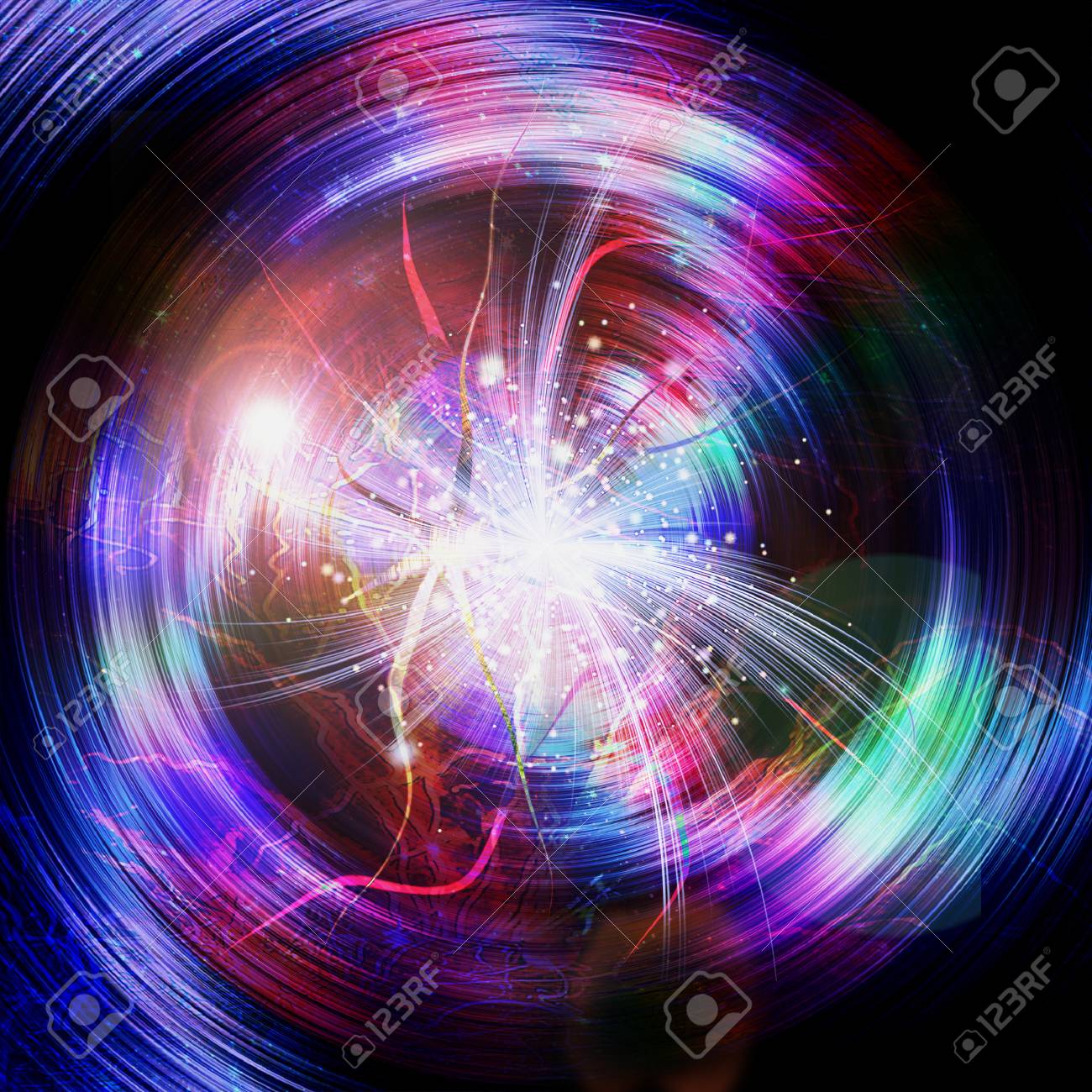 抽象的な回転背景レインボー光線と中心に輝く光 赤 紫 ピンク 緑 青のスペクトル線 光点滅 3 D イラストレーション の写真素材 画像素材 Image