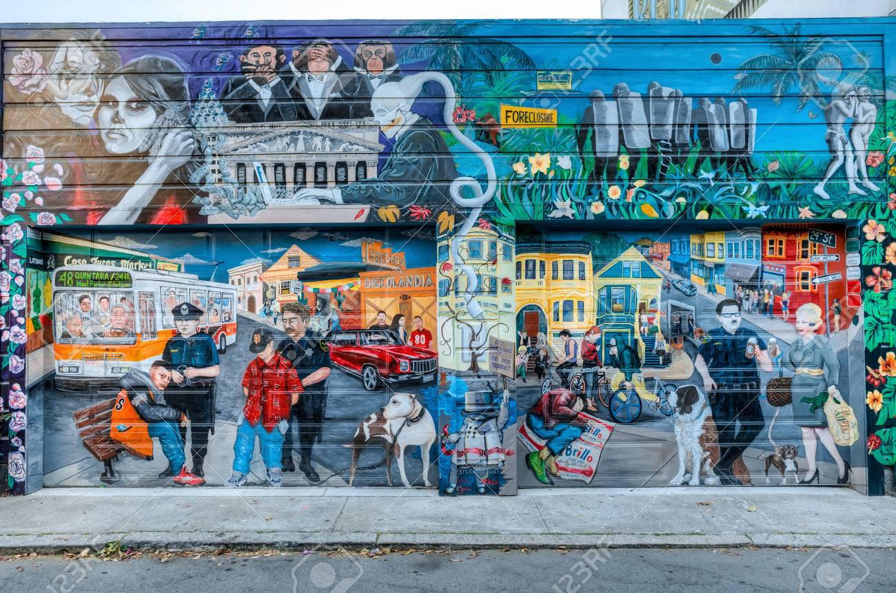 サンフランシスコ 5 月 16 日 16 年 5 月 サンフランシスコのミッション地区周辺に壁画 壁画は壁や他の大規模な永続的な表面上に直接描いた作品のすべての部分です の写真素材 画像素材 Image