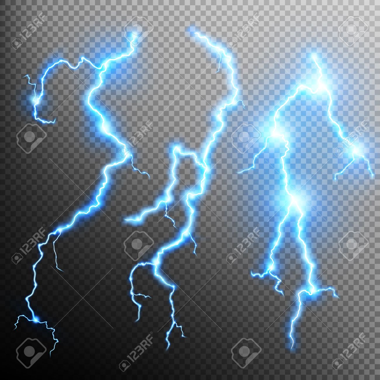 Set Of The Isolated Realistic Lightnings With Transparency For