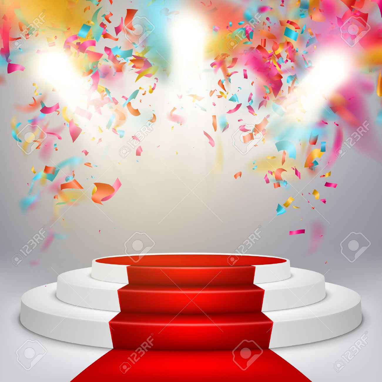 レッド カーペットと紙吹雪と白いの受賞者の表彰台 授賞式のステージ 台座 スポット ライトです のイラスト素材 ベクタ Image