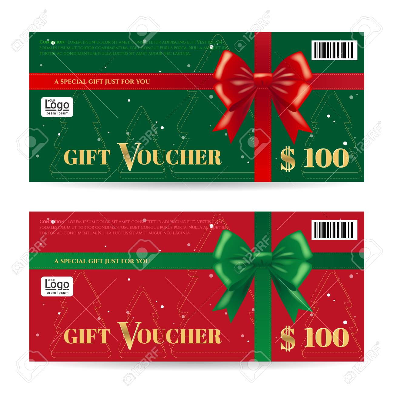 光沢のある赤と緑の弓とリボン クリスマス ギフト カードやギフト券テンプレートのイラスト素材 ベクタ Image