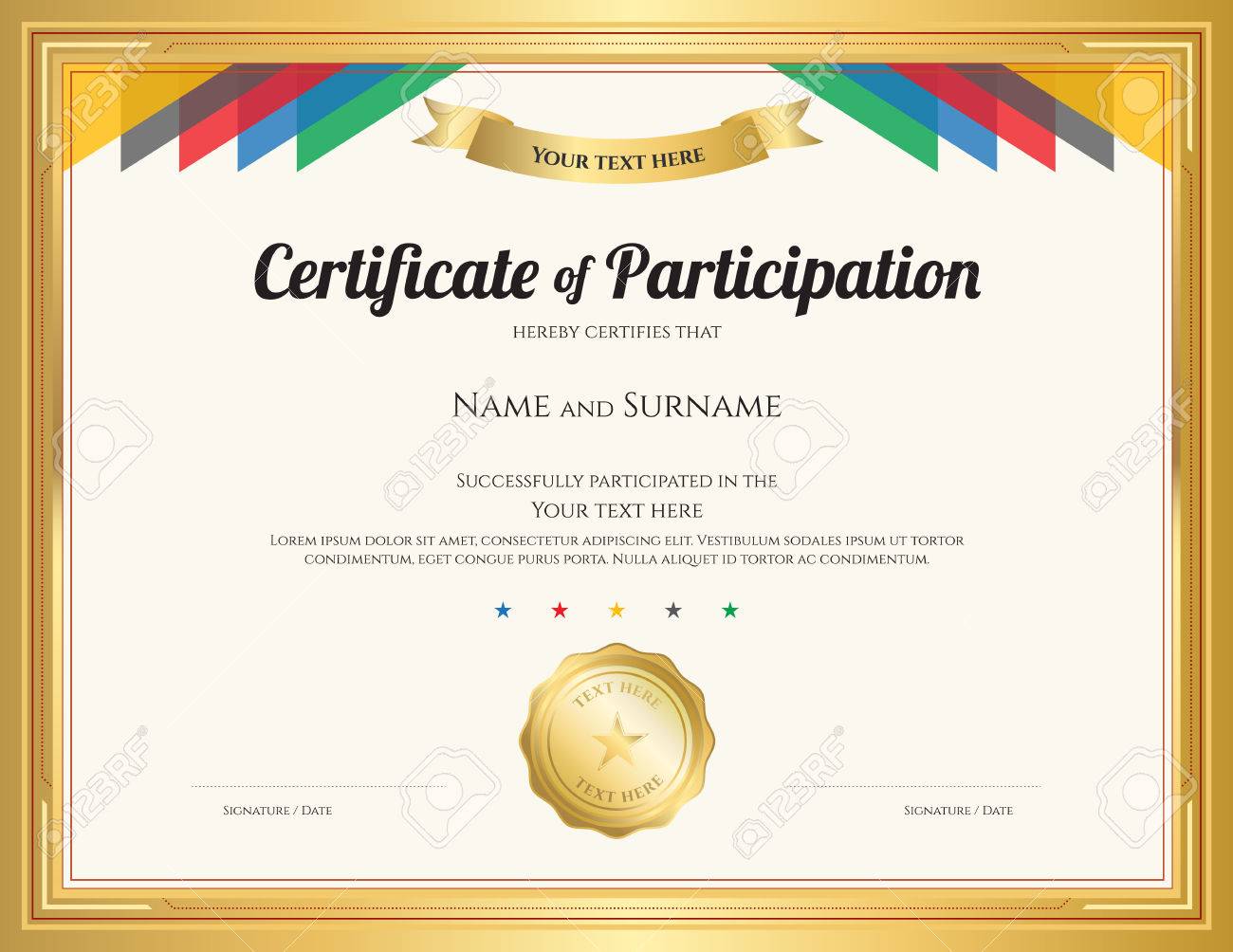 certificate of participation template with gold border and colorful