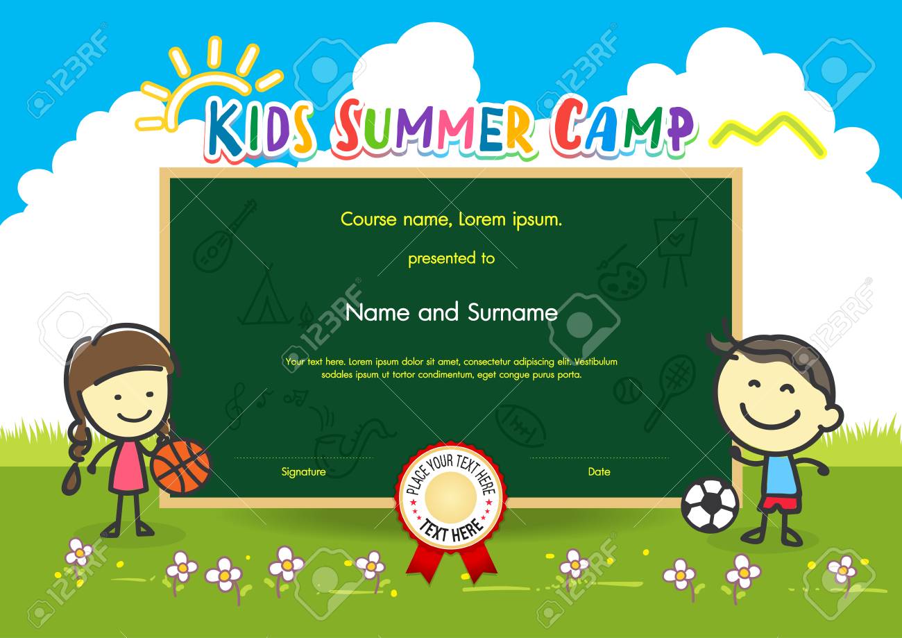 colorful kids summer camp diploma certificate template in cartoon