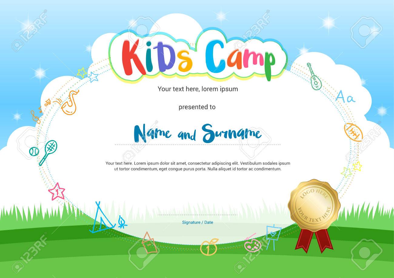 kids summer camp diploma or certificate with cartoon style