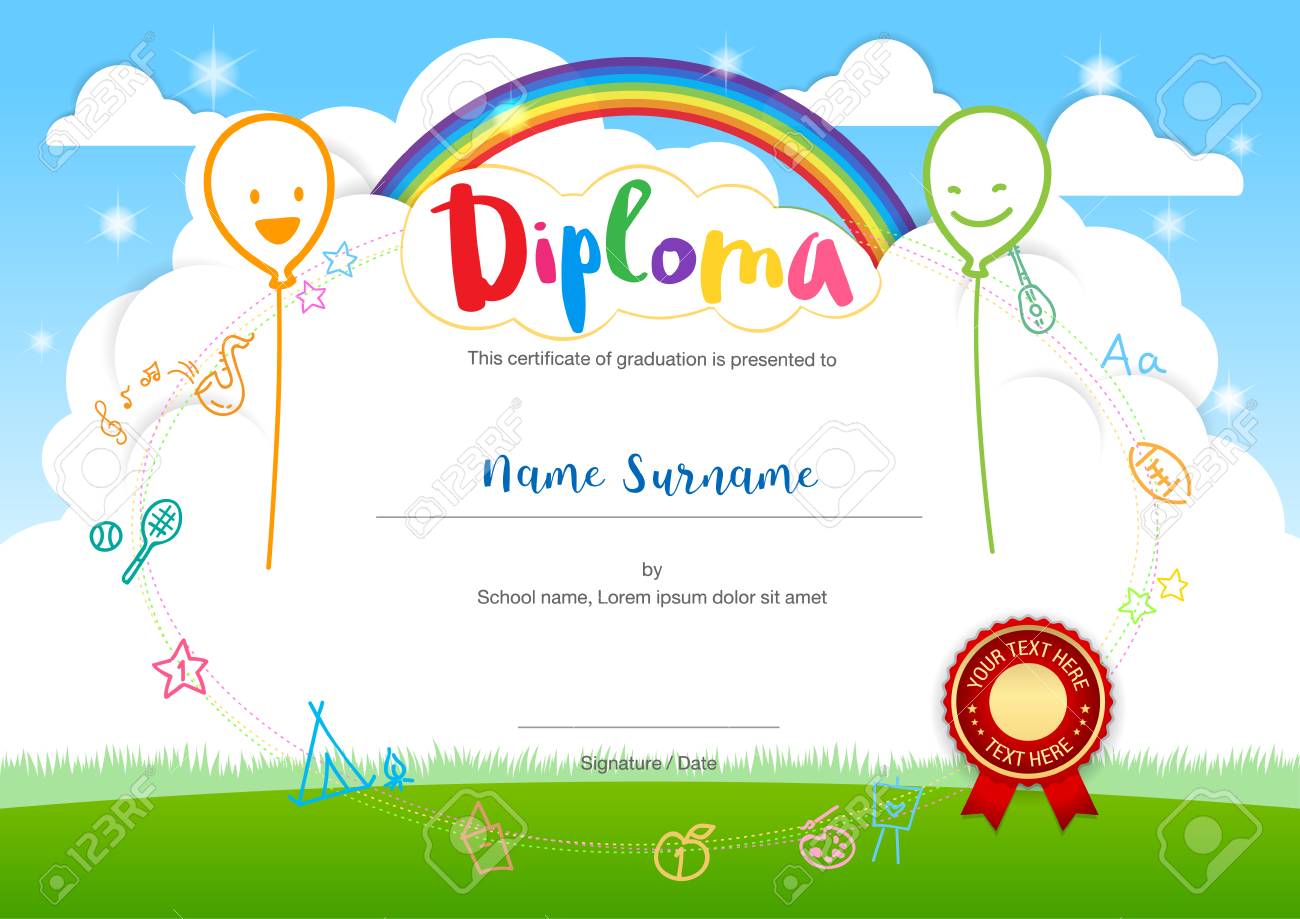colorful kids summer camp diploma certificate template in cartoon