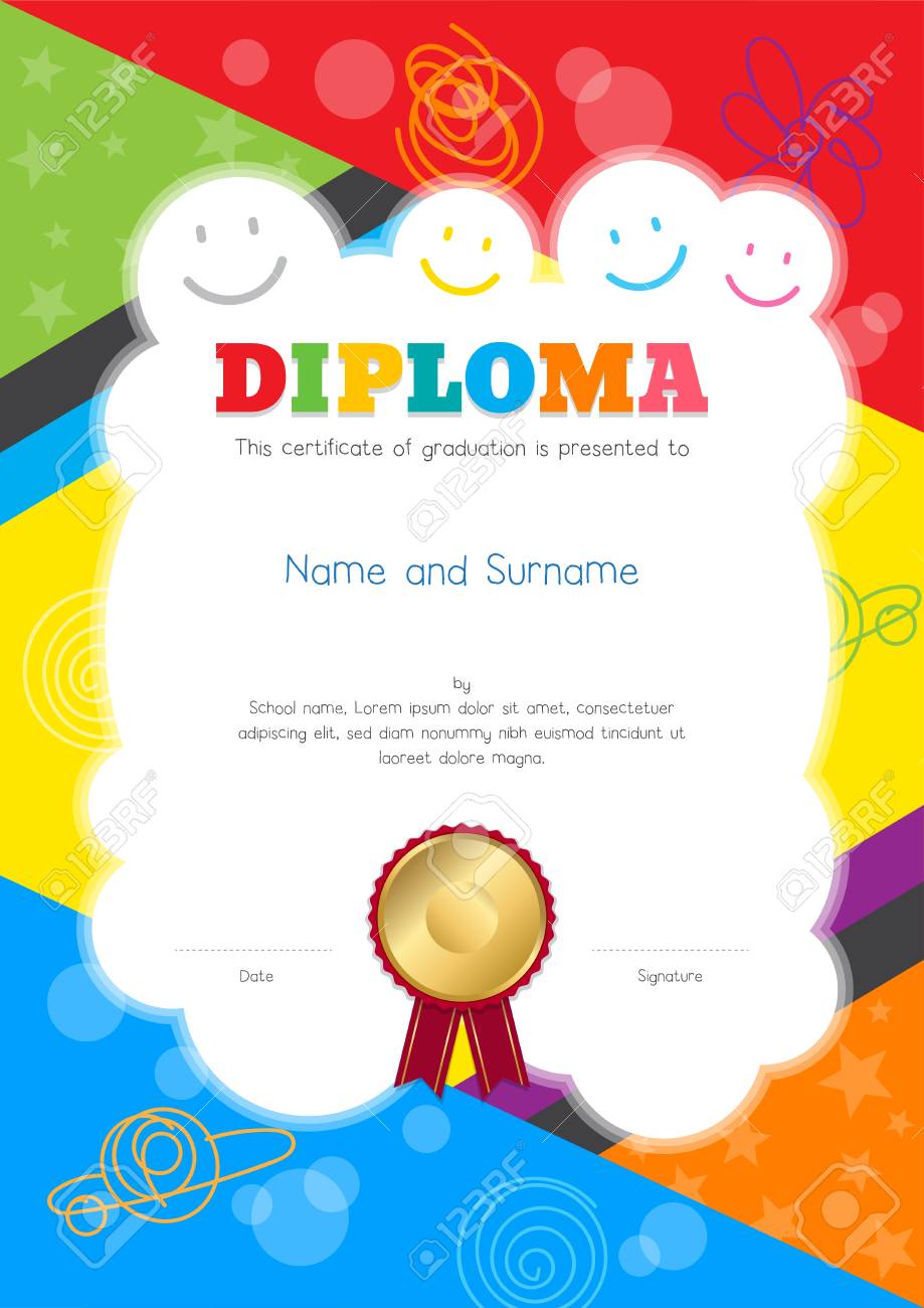 kids diploma or certificate template with colorful and hand drawing colorful certificate template
