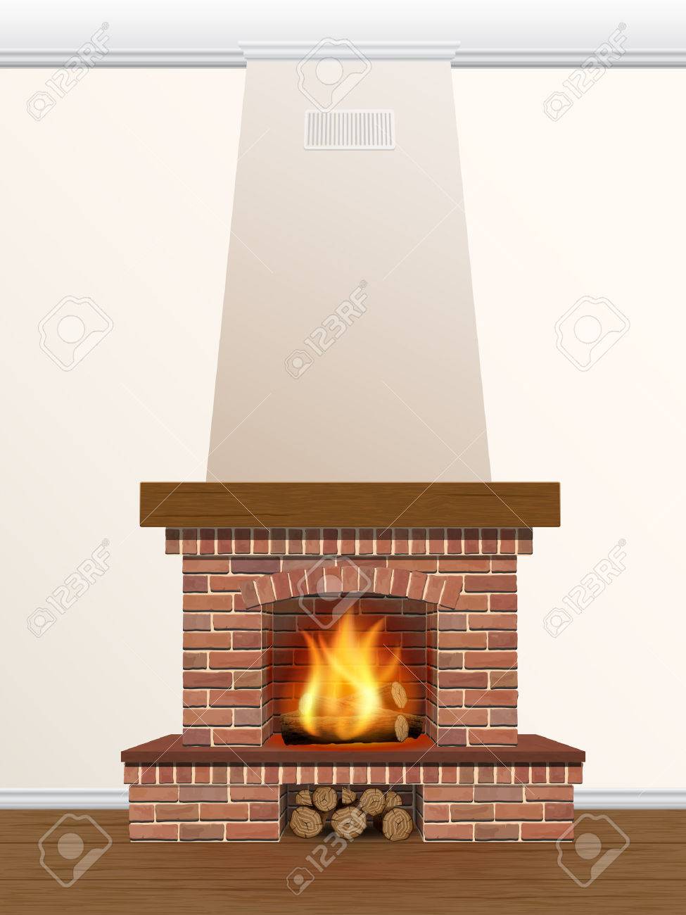 Brick Fireplace With Fire And Firewood Royalty Free Cliparts