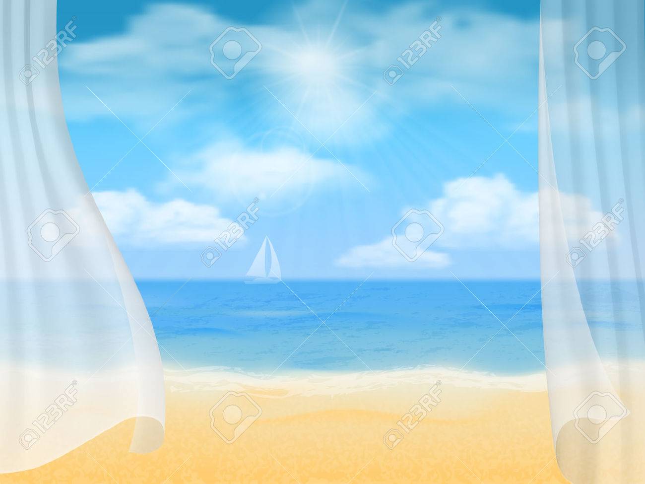 summer background view of the beach through the curtains royalty