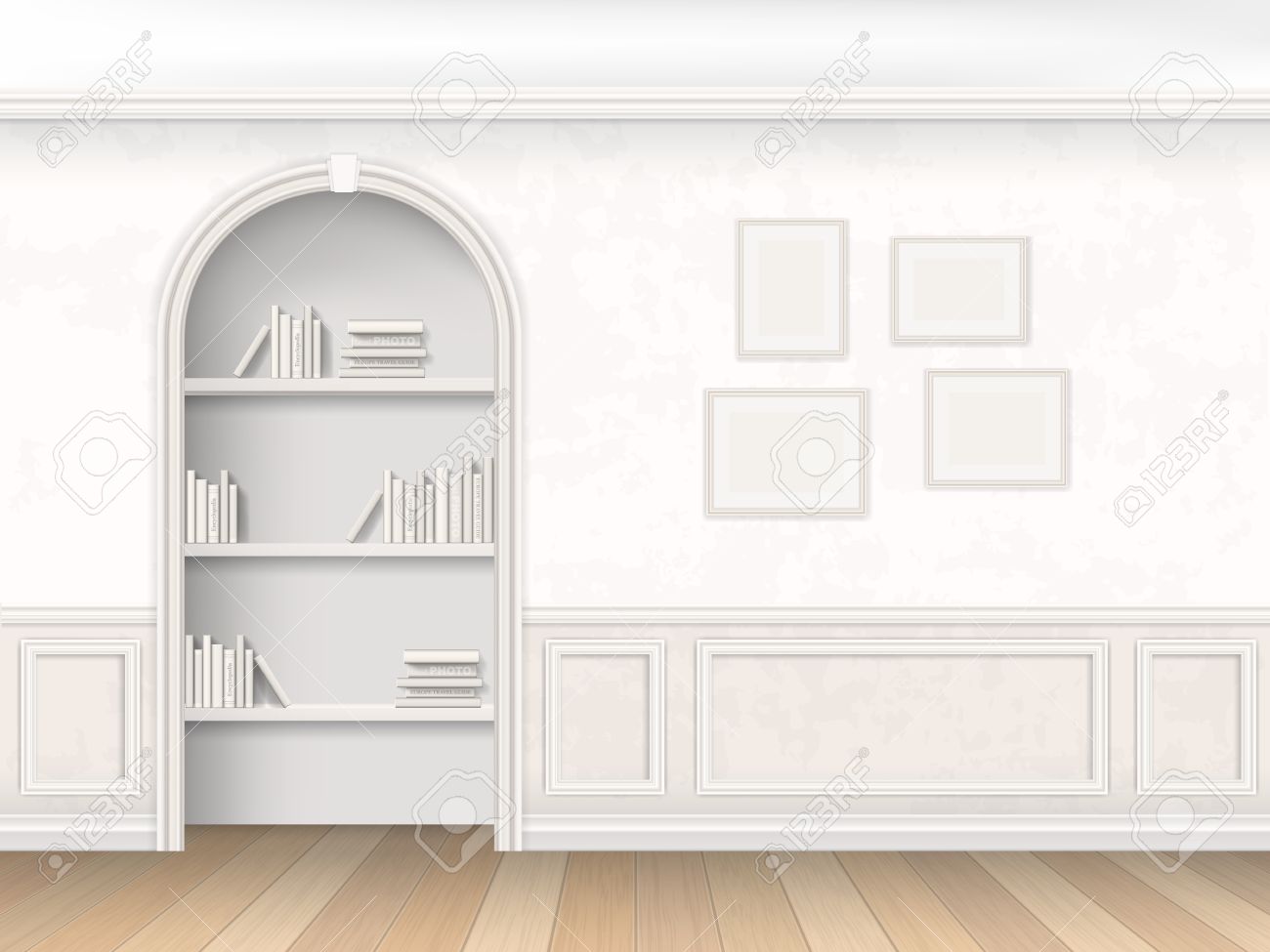 Decorative Wall Molding the wall room with arch, books and decorative wall panels Decorative Wall Molding the wall room with arch, books and decorative wall panels