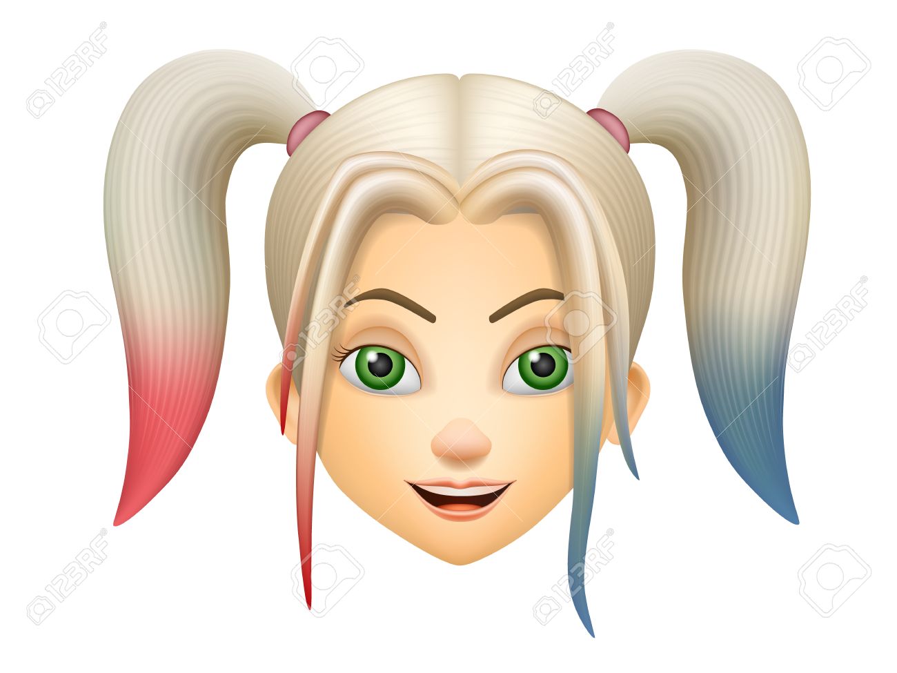 ピンクと青髪の少女顔 3 D 人形スタイルで 白い背景で隔離のベクトルの漫画のキャラクター のイラスト素材 ベクタ Image