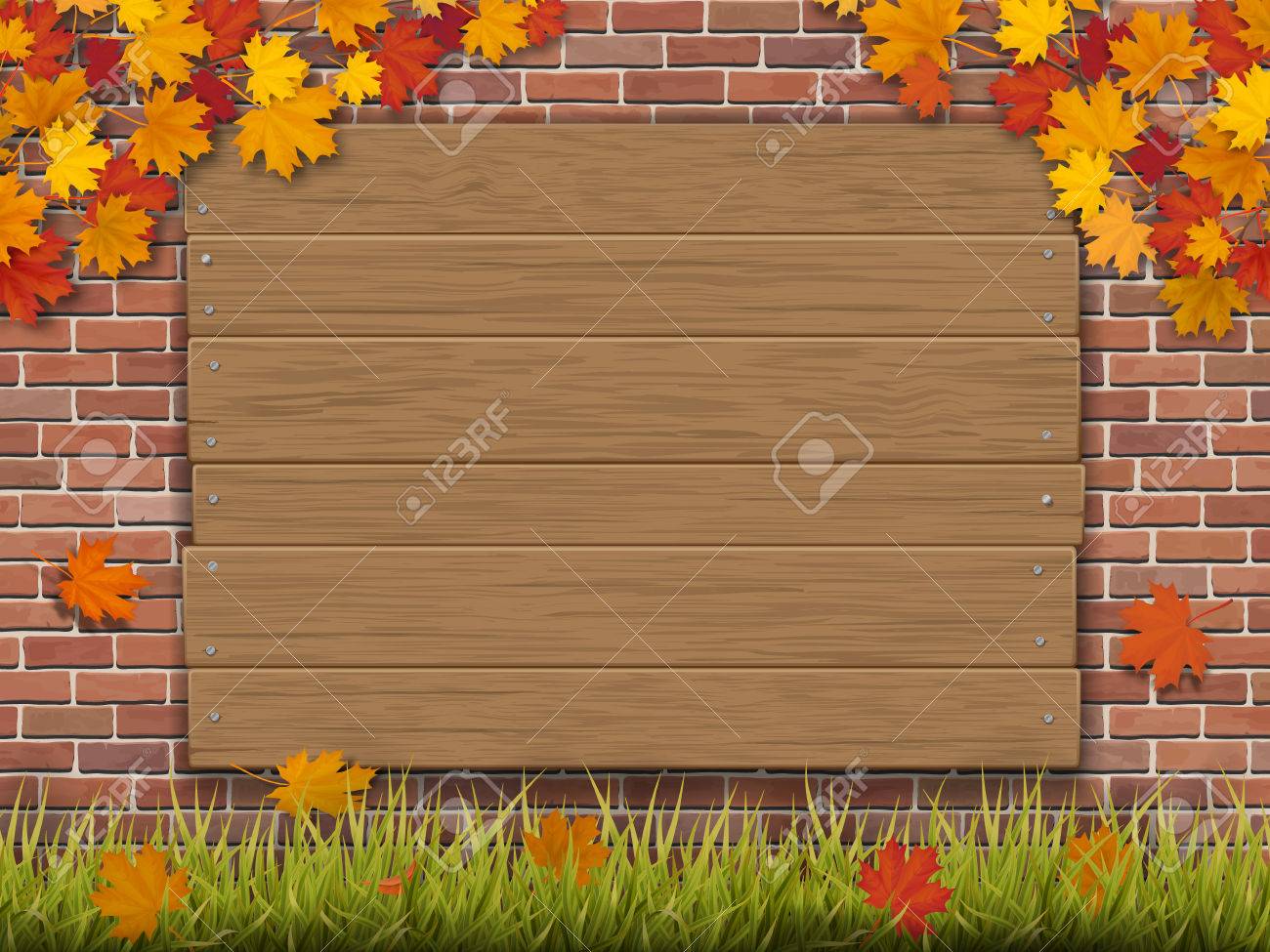 レンガの壁に釘付けの木製看板には 秋のメープルの枝が大きくなり過ぎた 緑の草や倒木をフォア グラウンドで残します 季節のベクター イラストです の イラスト素材 ベクタ Image