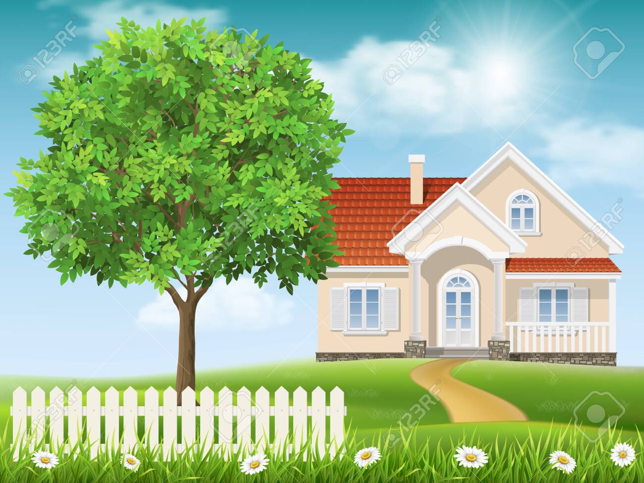 House On A Hill And Tree Spring Country Landscape Grass And Royalty Free Cliparts Vectors And Stock Illustration Image 116464468