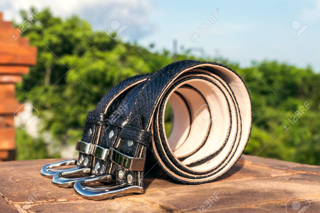 Cinturones De Cuero De Piel De Serpiente De Lujo De Moda Al Aire Libre. Cinturones De Pitón Sobre Un Fondo Tropical. Fotos, Retratos, Y Fotografía De Archivo De Derecho. Image