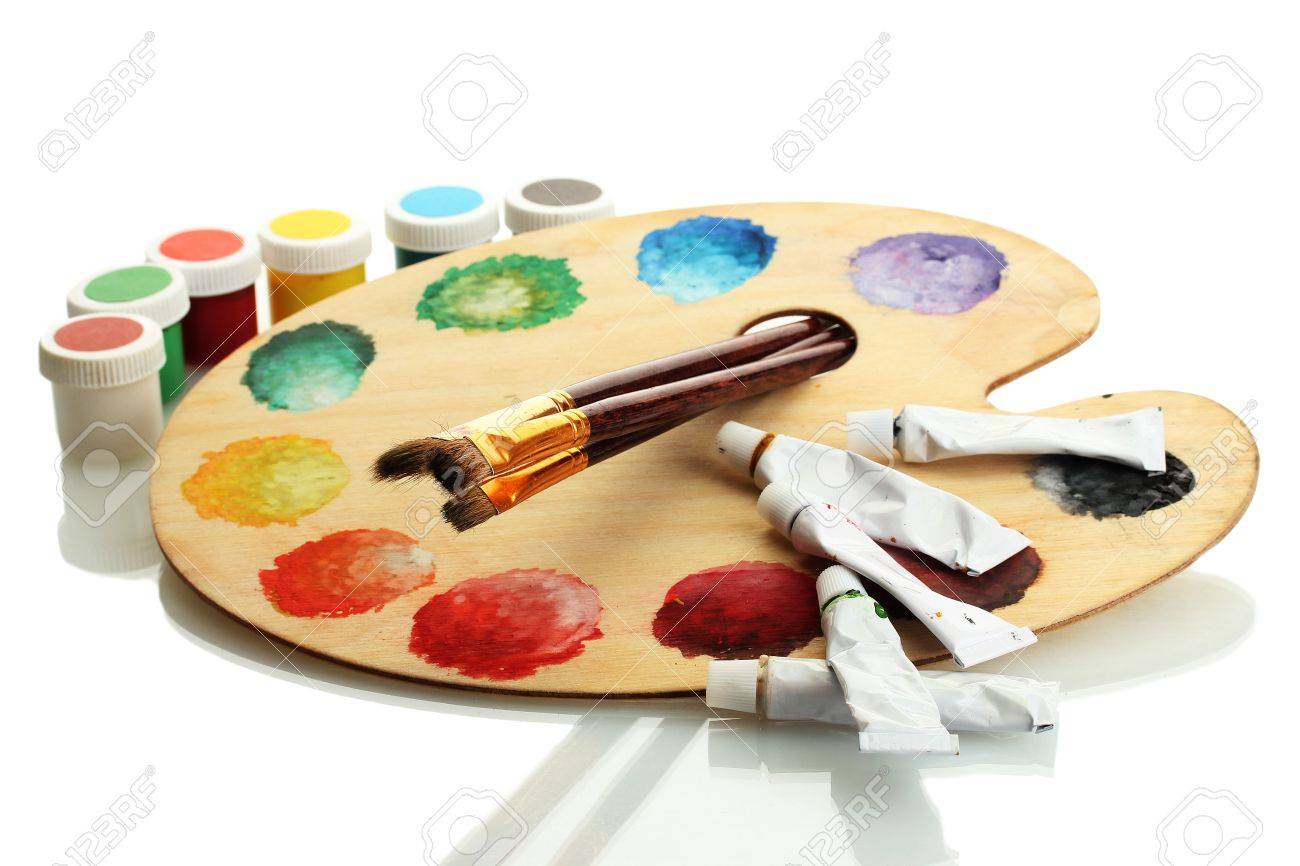 ペイントとブラシ白で隔離される木製美術パレット の写真素材 画像素材 Image