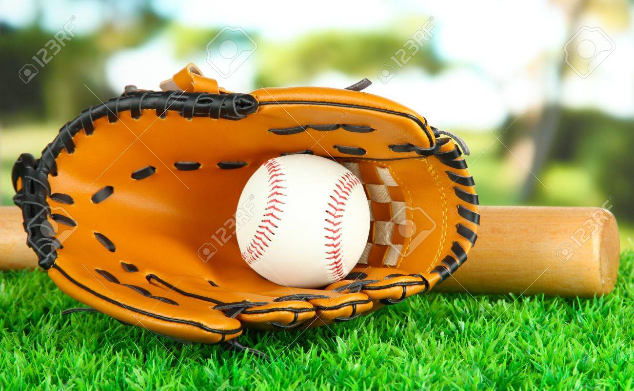 Guante De Béisbol, Un Bate Y Una En La Hierba En El Parque Retratos, Imágenes Y Fotografía Archivo Libres De Derecho. Image