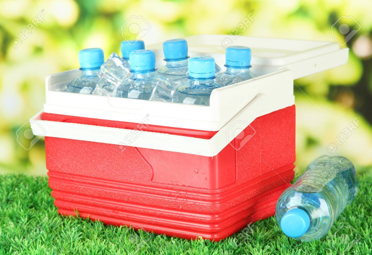 Kühlschrank Organizer Flaschen : Picnic kühlschrank mit flaschen wasser und eiswürfeln auf gras Kühlschrank Organizer Flaschen : Picnic kühlschrank mit flaschen wasser und eiswürfeln auf gras