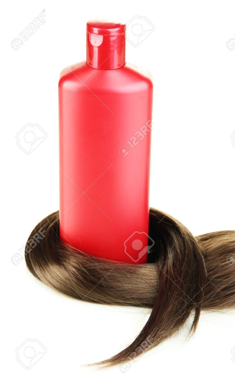 白で隔離のシャンプーで光沢のある茶色の髪 の写真素材 画像素材 Image