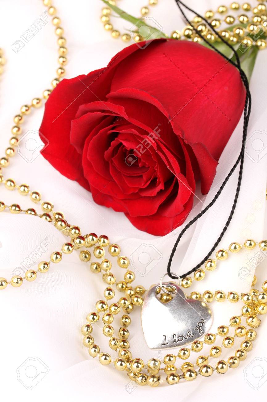 Beautiful Red Rose With Heart Pendant Stock Photo Picture And