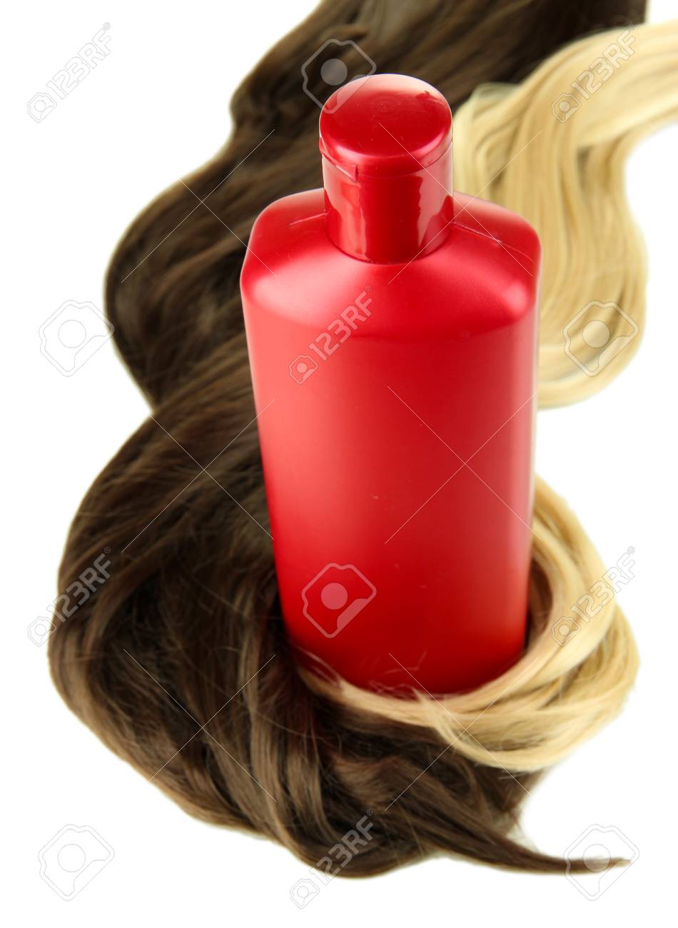 白で隔離のシャンプーで金髪と茶色の巻き髪 の写真素材 画像素材 Image