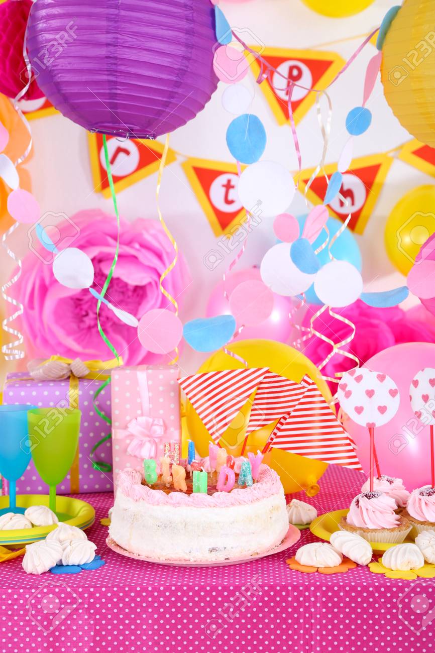Festive Table Setting For Birthday On Celebratory Decorations Stock ... Festive Table Setting For Birthday On Celebratory Decorations Stock ...