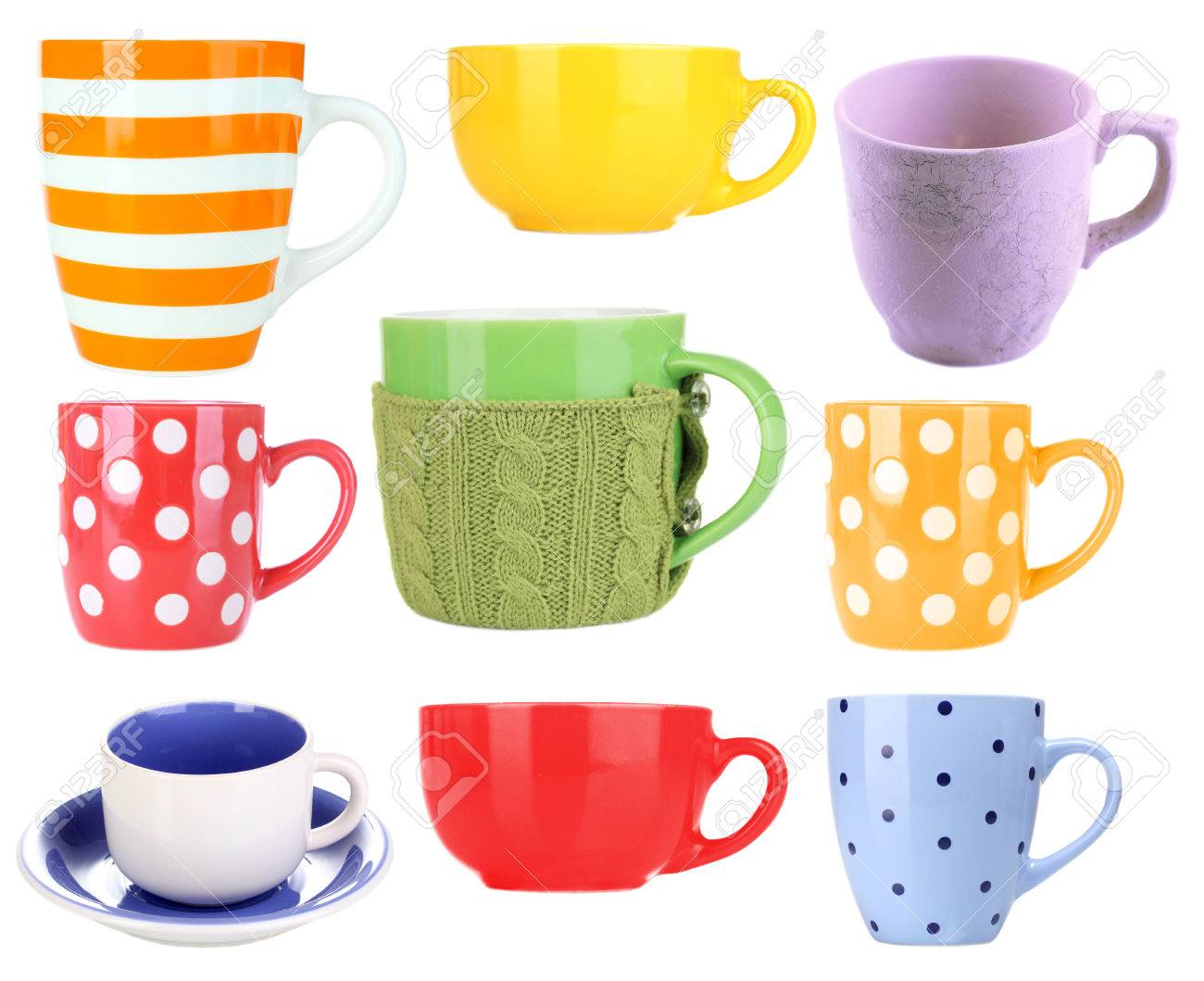 collage of colorful mugs isolated on white stock photo picture and