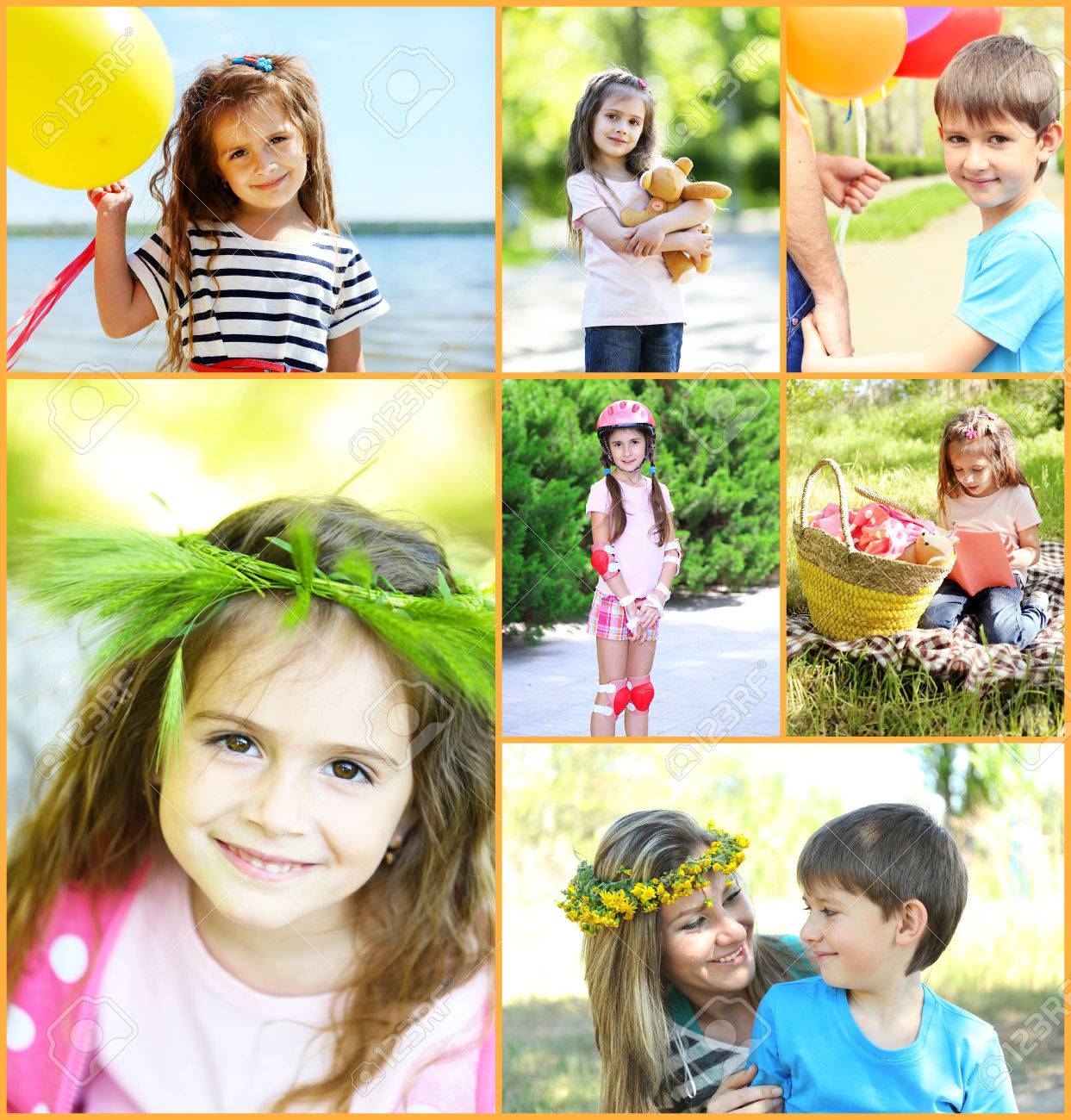 公園で遊んでいる子供たちと写真のコラージュ の写真素材 画像素材 Image