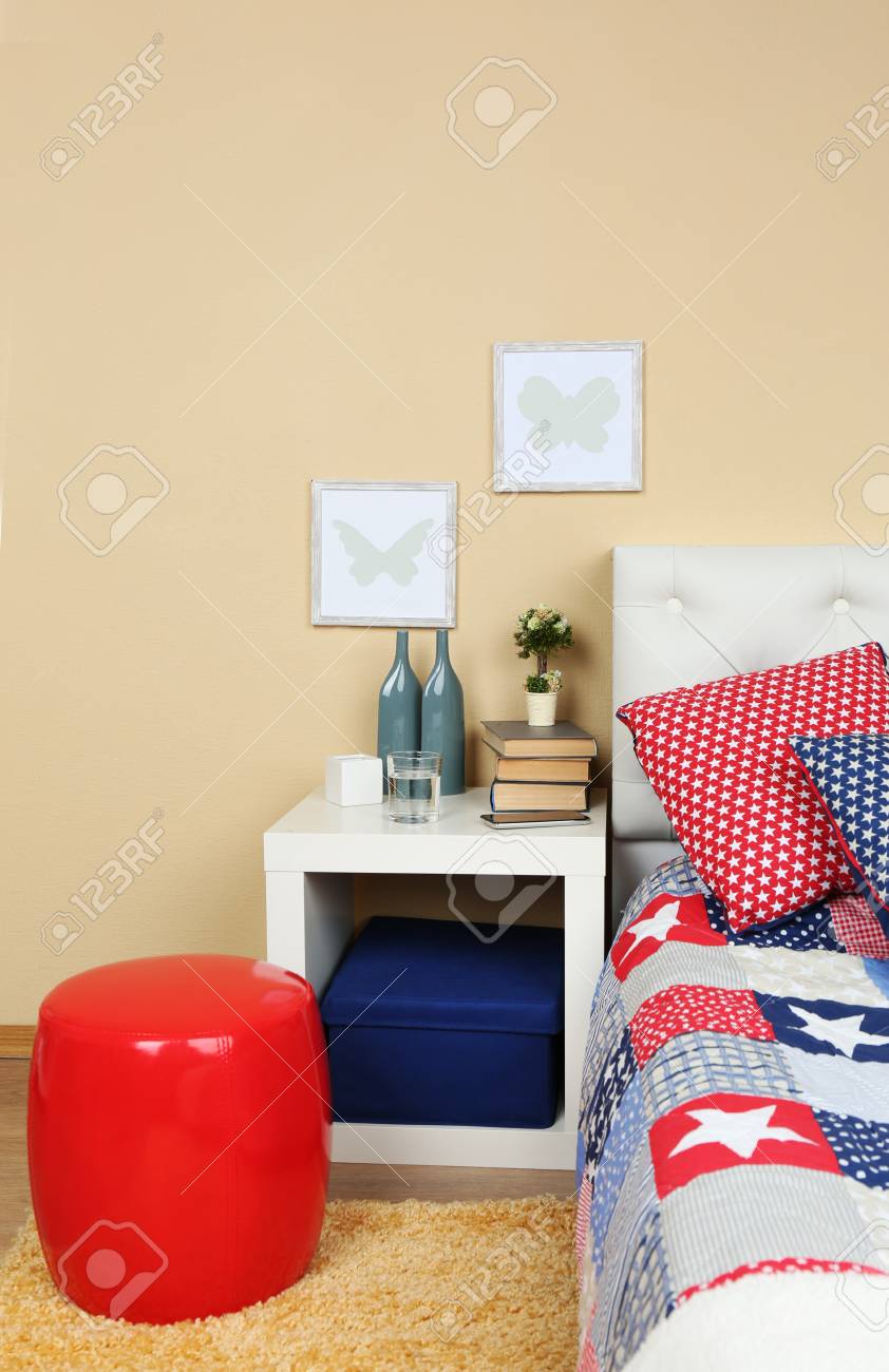 Modern Colorful Bedroom Interior With Bed And Nightstand With Stock Photo Picture And Royalty Free Image Image 38075940