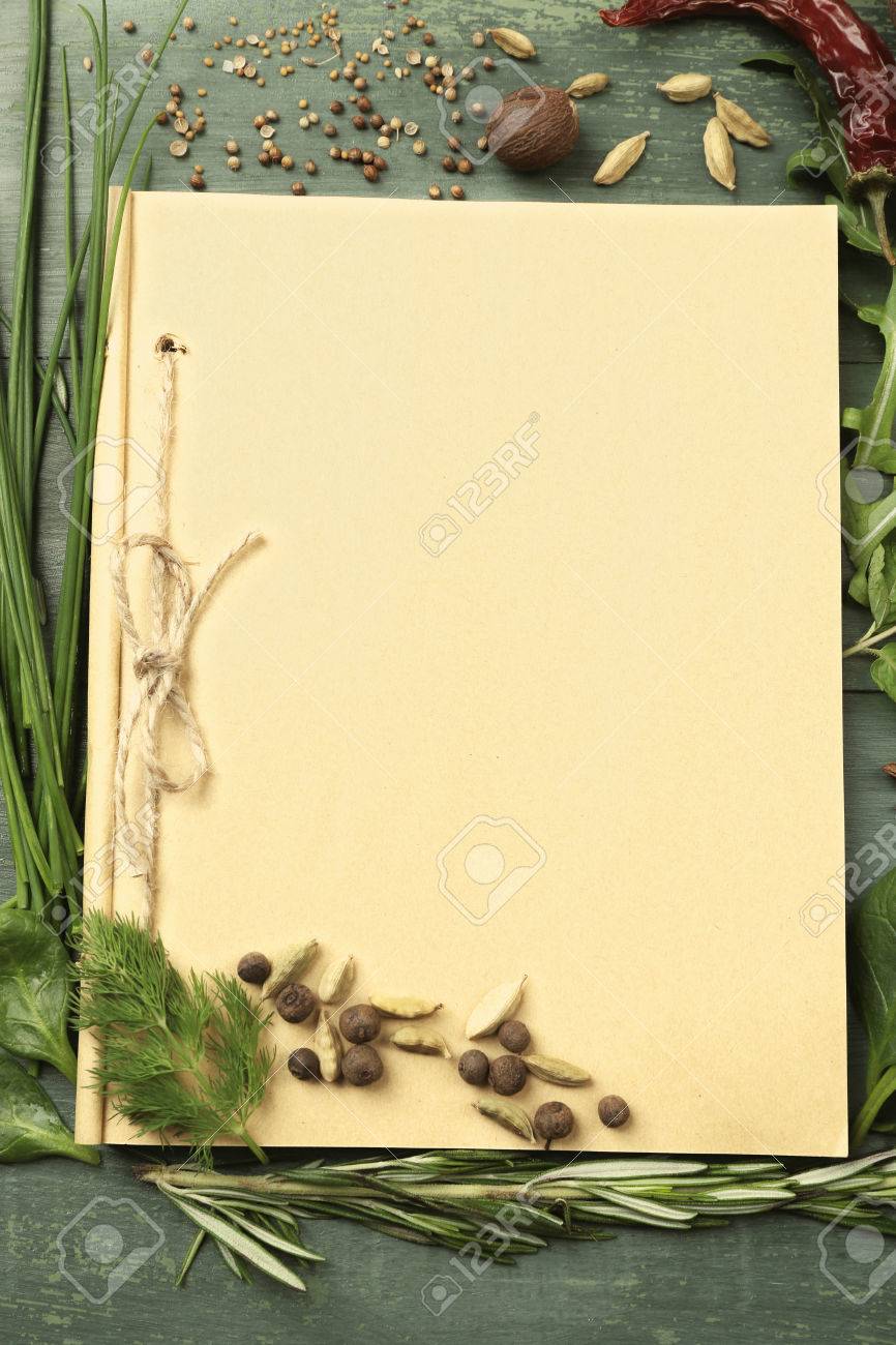 Recipe Book Page With Different Herbs On Wooden Background Stock Photo Picture And Royalty Free Image Image
