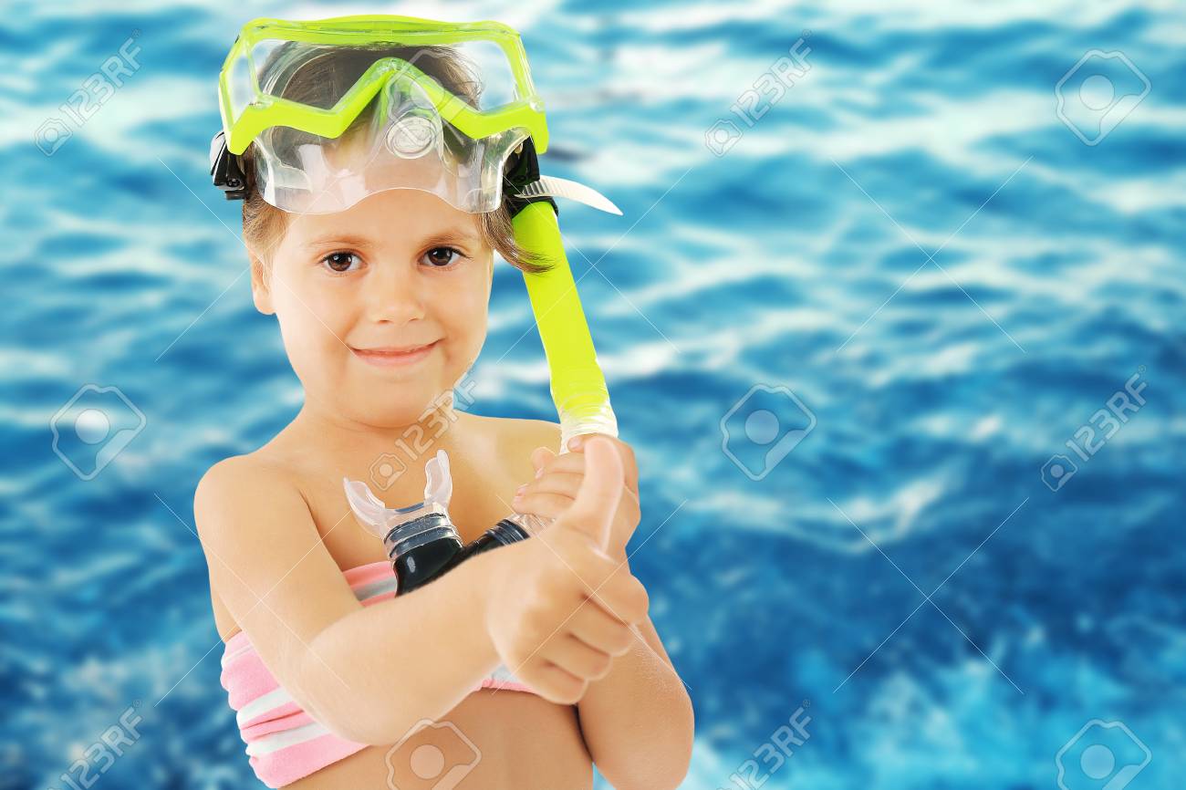 Download Funny Little Girl With Yellow Diving Mask On Blurred Sea Background Stock Photo Picture And Royalty Free Image Image 105031590 PSD Mockup Templates