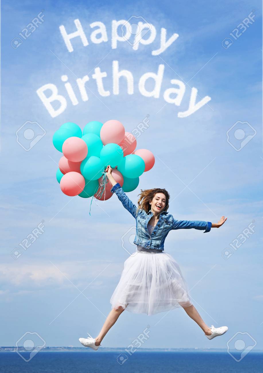 Happy Birthday Text And Beautiful Young Woman With Colorful