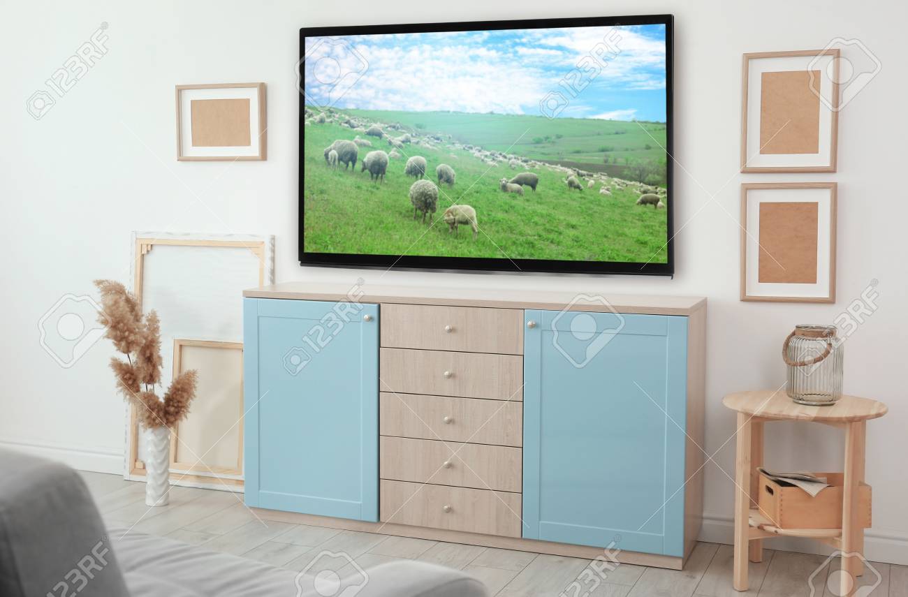 Cozy Interior Of Living Room With Tv On Wall Stock Photo Picture And Royalty Free Image Image 90829399