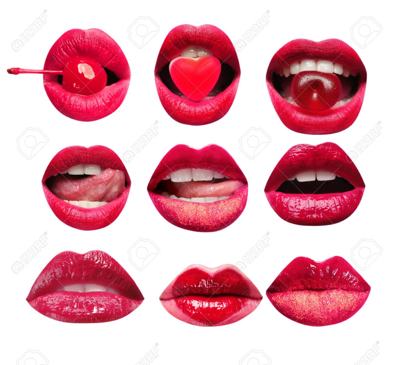 白い背景に女性の唇のコラージュ 明るいメイク の写真素材 画像素材 Image