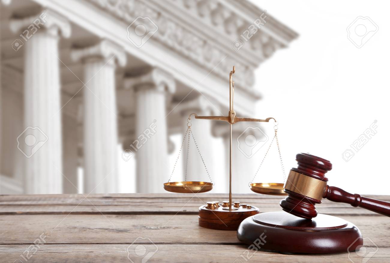 Judge's gavel with scales and courthouse on background. Concept of law - 92121521 Judge's gavel with scales and courthouse on background. Concept of law - 92121521