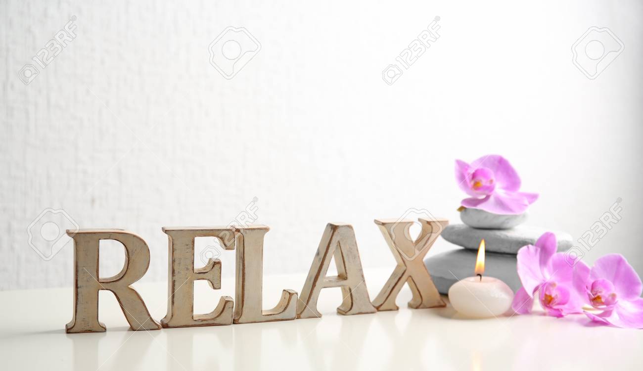 Word Relax Made Of Wooden Letters And Spa Composition On Table Stock Photo Picture And Royalty Free Image Image 96250216