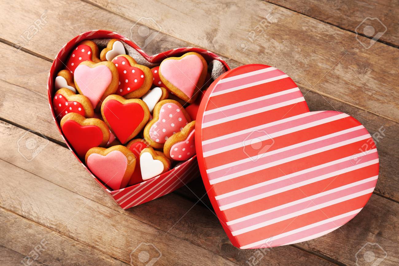 Valentine S Day Cookies In Gift Box On Wooden Background Stock Photo Picture And Royalty Free Image Image 97117319