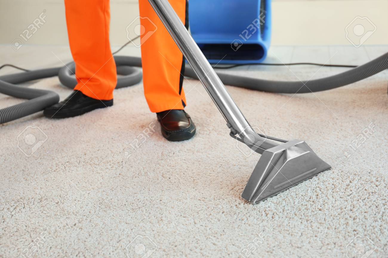 dry cleaner s employee removing dirt from carpet in flat stock photo
