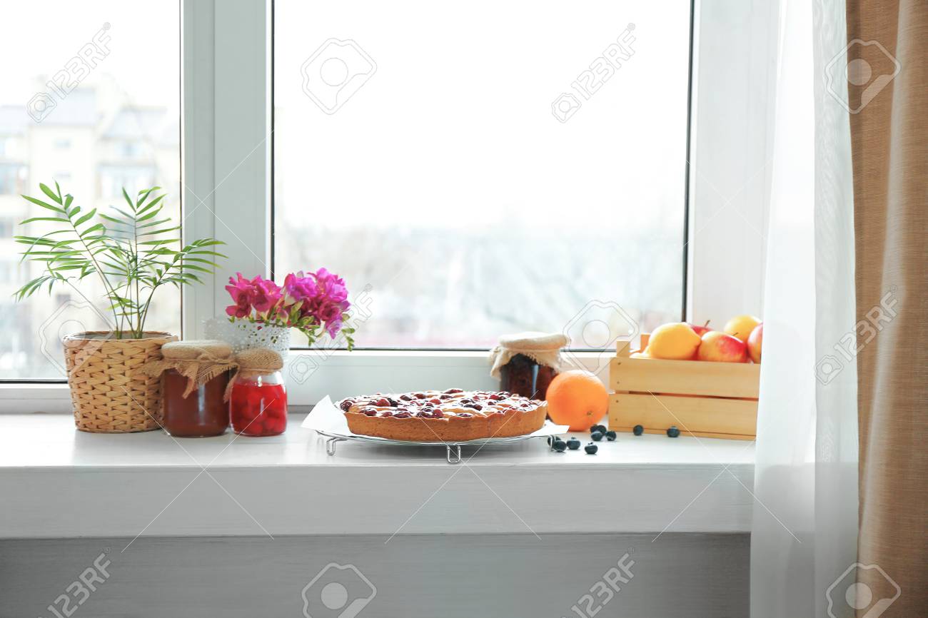 Cherry Pie Jam And Fresh Fruits On Windowsill Stock Photo
