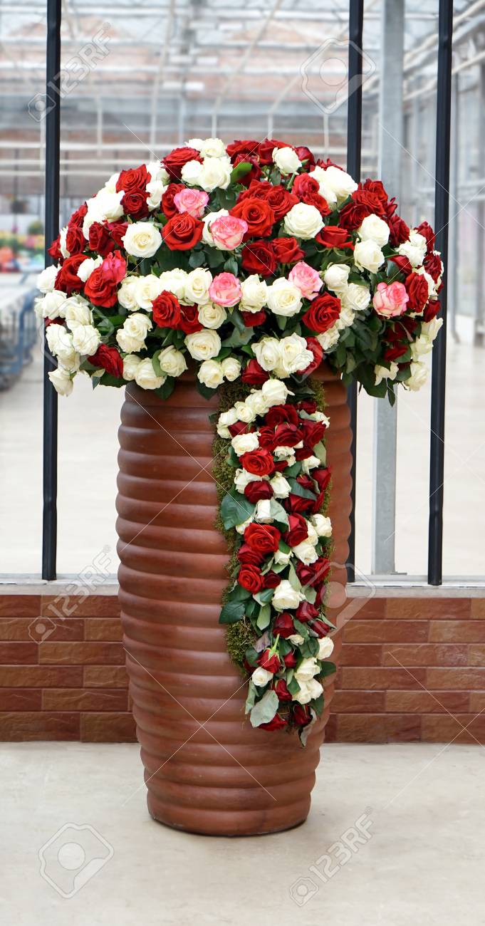 Big Vase With Beautiful Roses In Flower Shop Stock Photo Picture