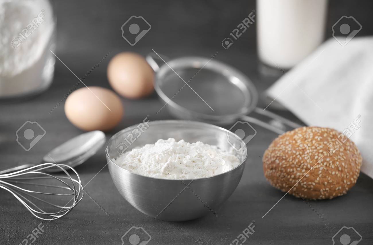 metal bowl with flour