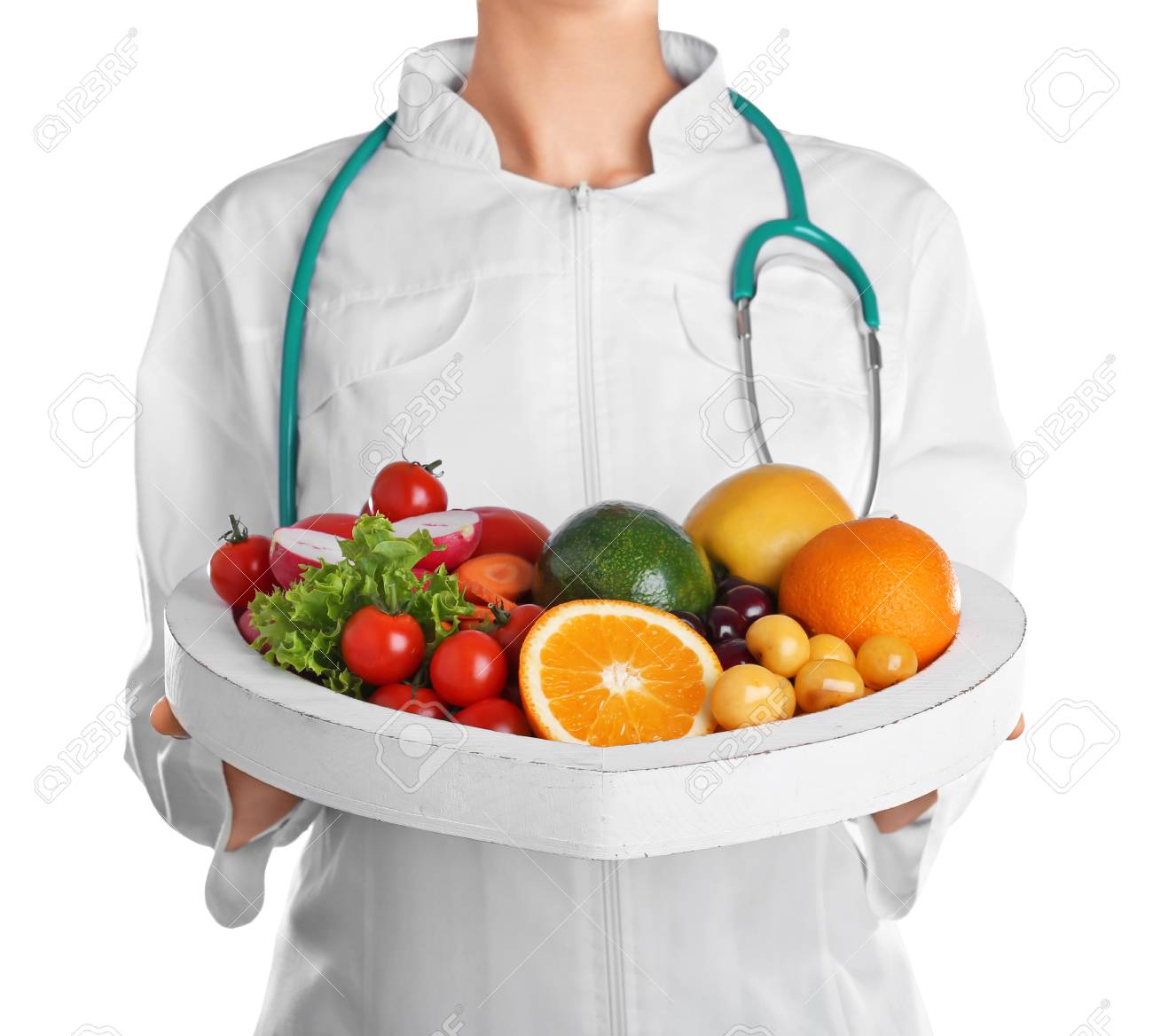 female doctor with fresh products on white background cardiac cardiac diet