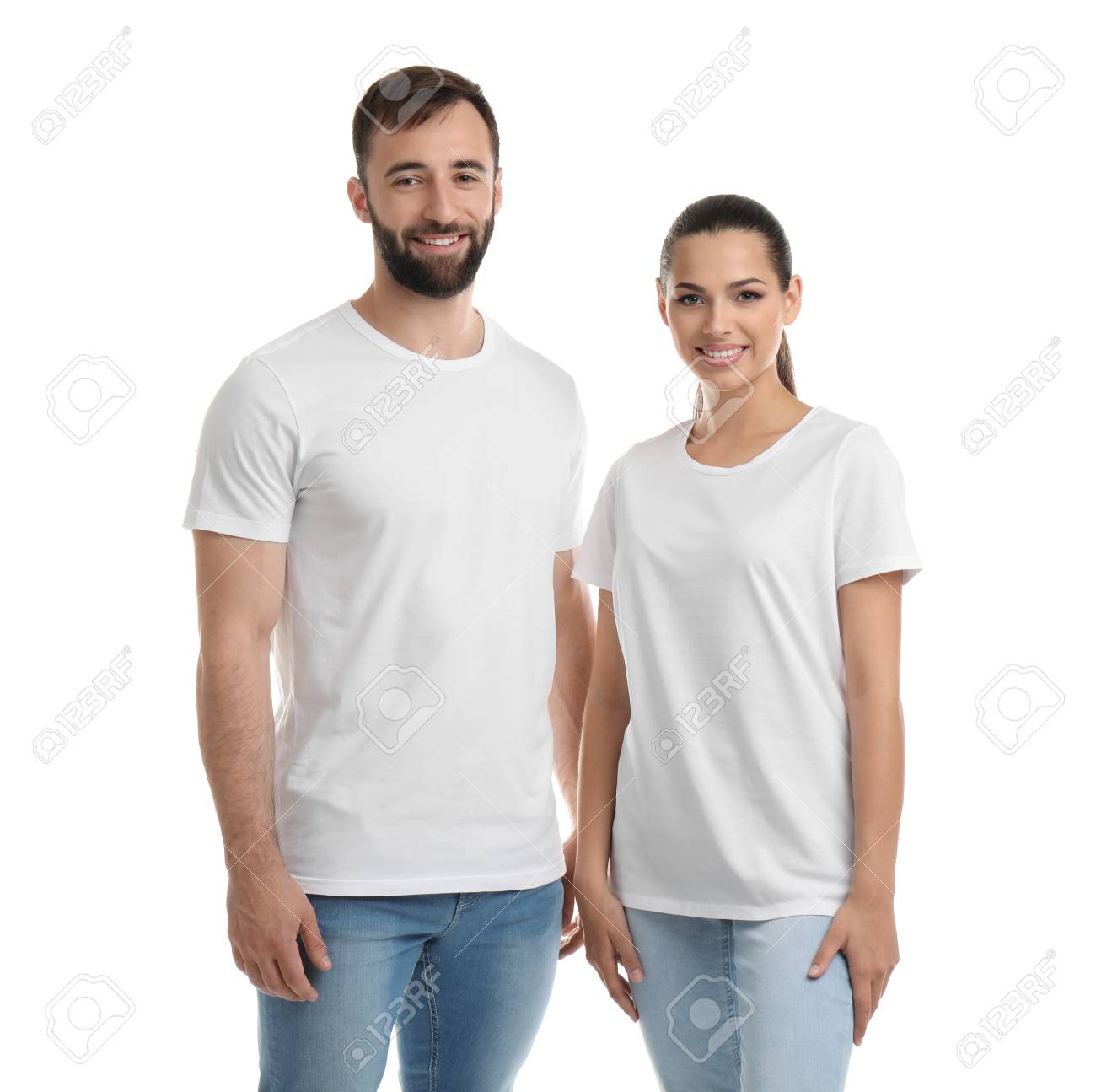 Download Young Couple In T Shirts On White Background Mockup For Design Stock Photo Picture And Royalty Free Image Image 107159597