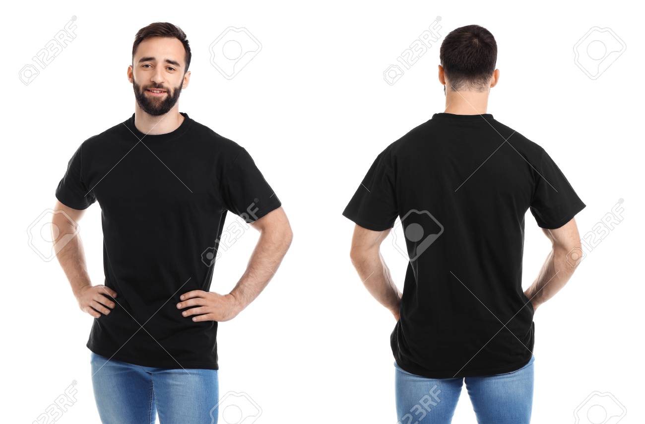 Download Front And Back Views Of Young Man In Black T Shirt On White Background Stock Photo Picture And Royalty Free Image Image 106494535