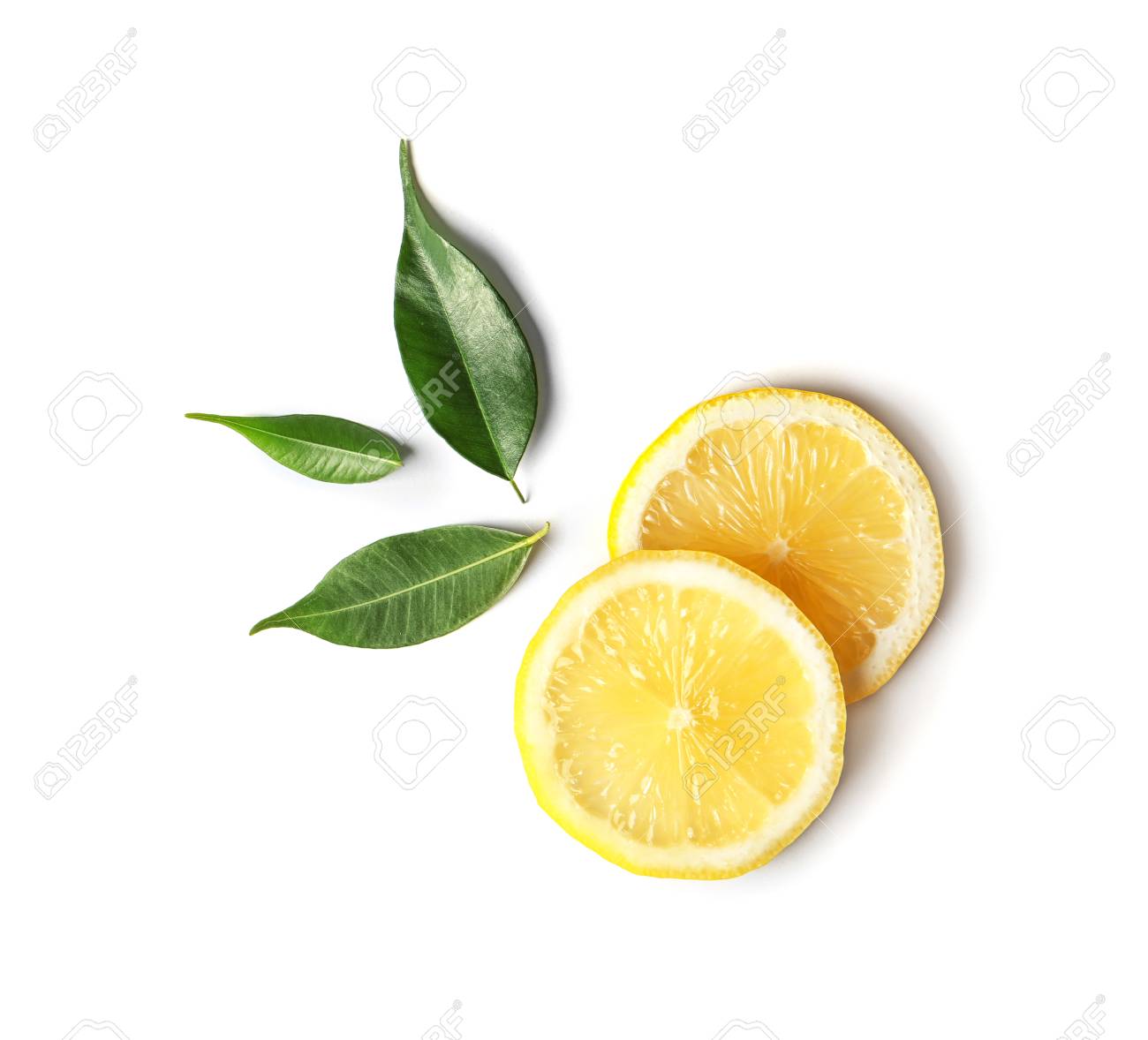 Flat lay composition with lemon slices and leaves on white background - 106323342 Flat lay composition with lemon slices and leaves on white background - 106323342