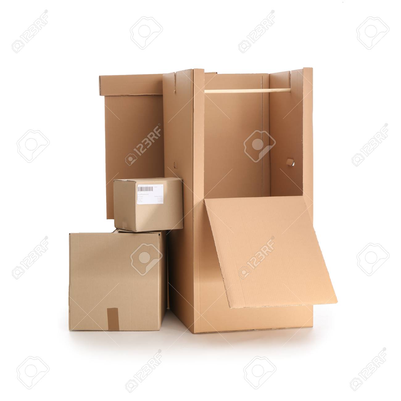 Empty Cardboard Wardrobe Boxes On White Background Stock Photo