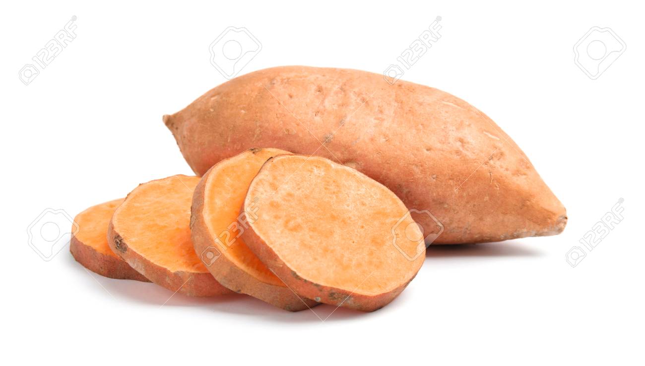 Fresh ripe sweet potatoes on white background - 120048006 Fresh ripe sweet potatoes on white background - 120048006