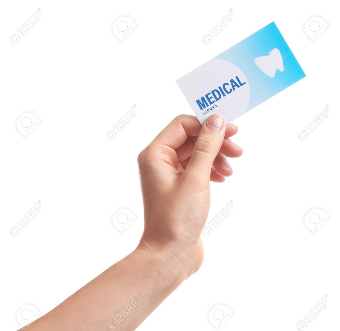 Woman holding business card isolated on white, closeup. Dental medical service - 122285142 Woman holding business card isolated on white, closeup. Dental medical service - 122285142