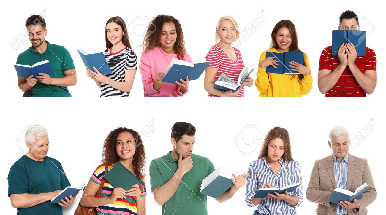 Collage of people reading books on white background - 128577586 Collage of people reading books on white background - 128577586