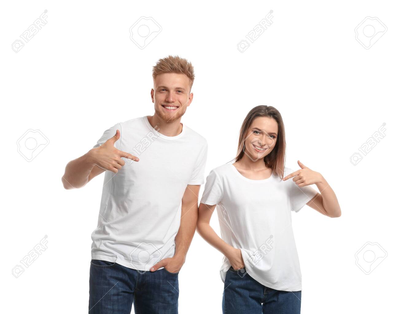 Young Couple Wearing Blank T Shirts Isolated On White Mockup For Design Stock Photo Picture And Royalty Free Image Image 128704108
