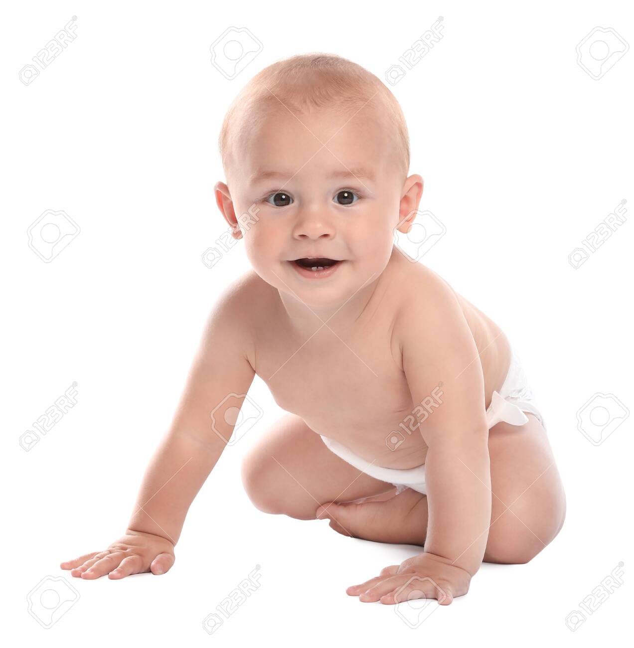 Cute little baby sitting on white background - 128732912 Cute little baby sitting on white background - 128732912
